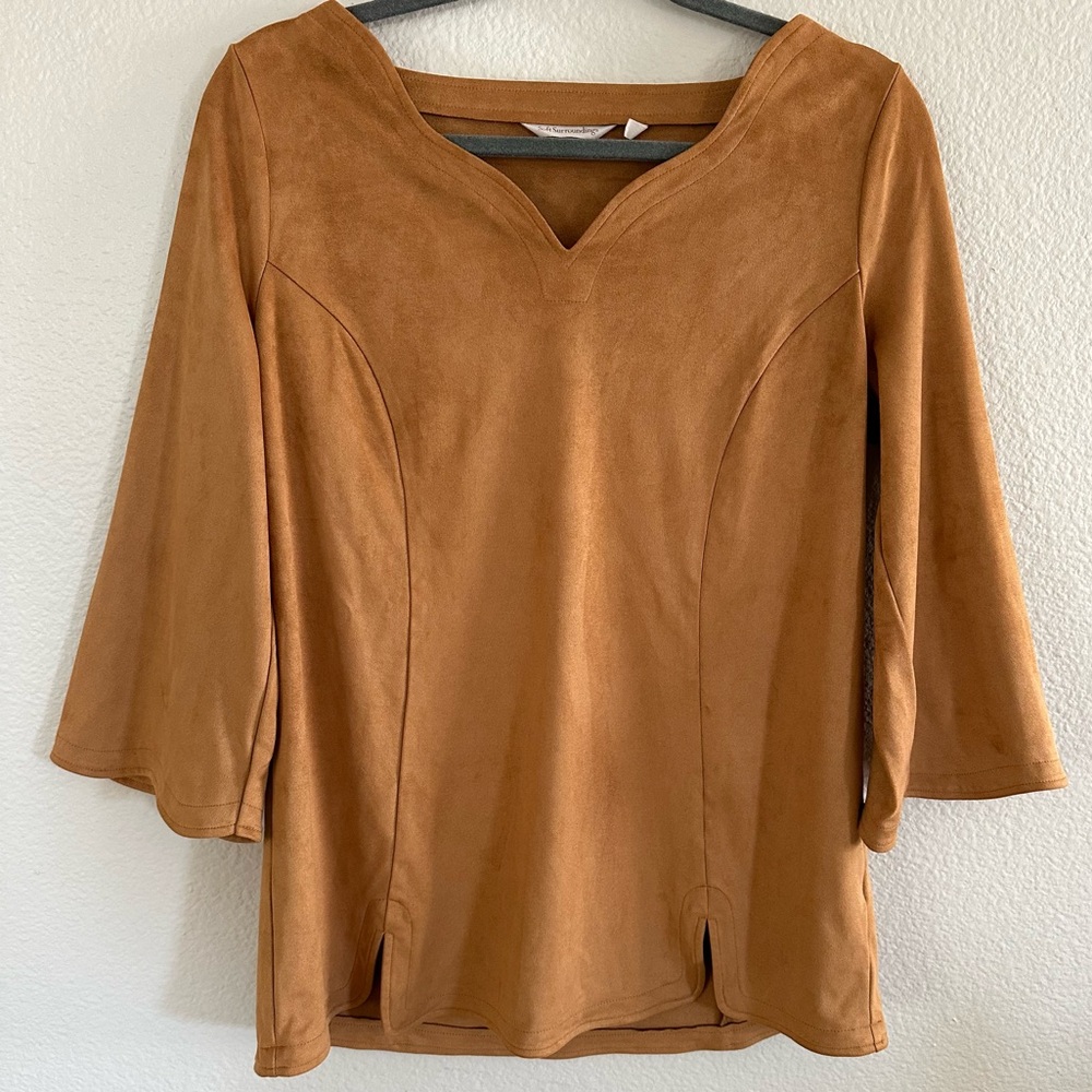 Soft Surroundings Womens Tunic Top Faux Suede 3/4 Boho Bell Sleeve Small